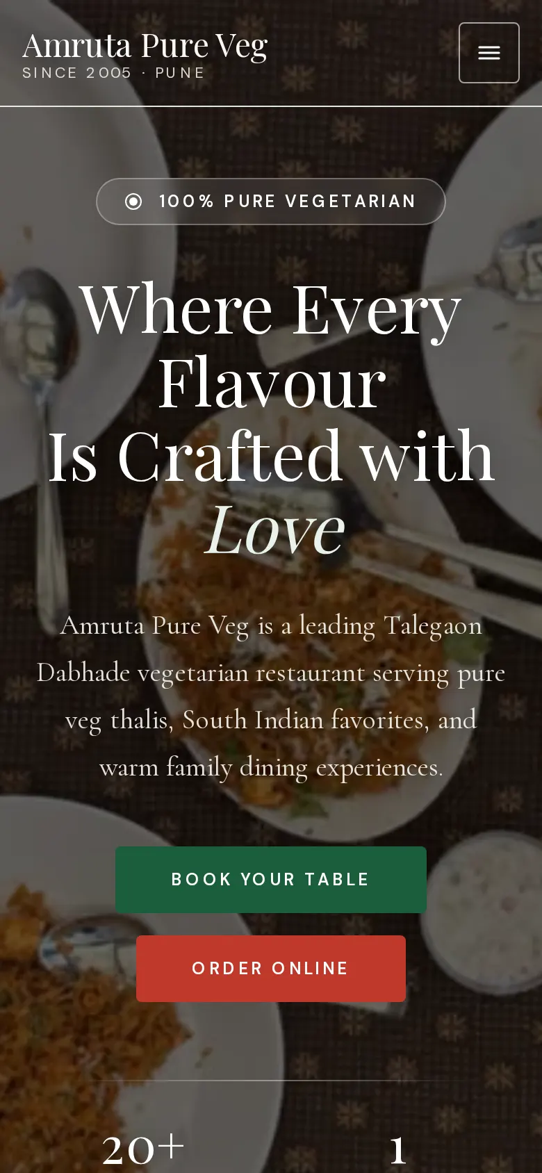 Amruta Pure Veg mobile homepage with dining photography and booking actions