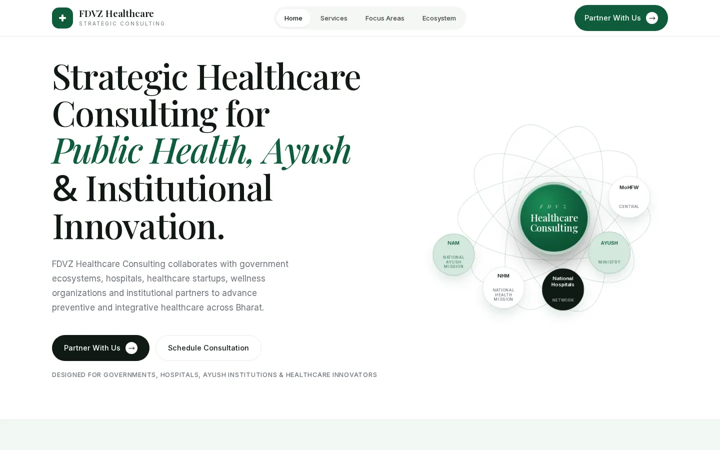 FDVZ Healthcare homepage introducing strategic consulting for public health, Ayush, and institutions