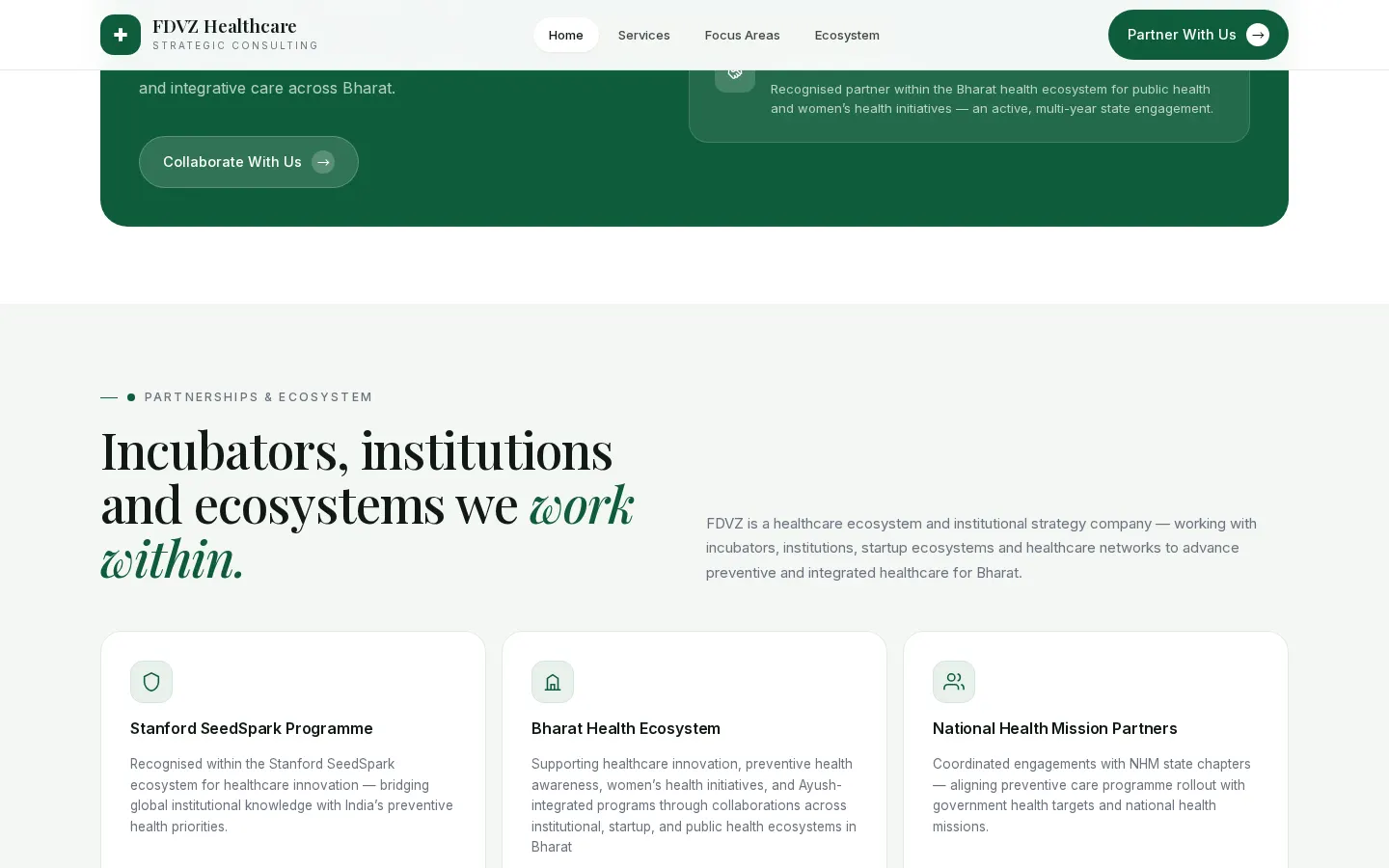 FDVZ Healthcare partnerships section describing institutions and public health ecosystems