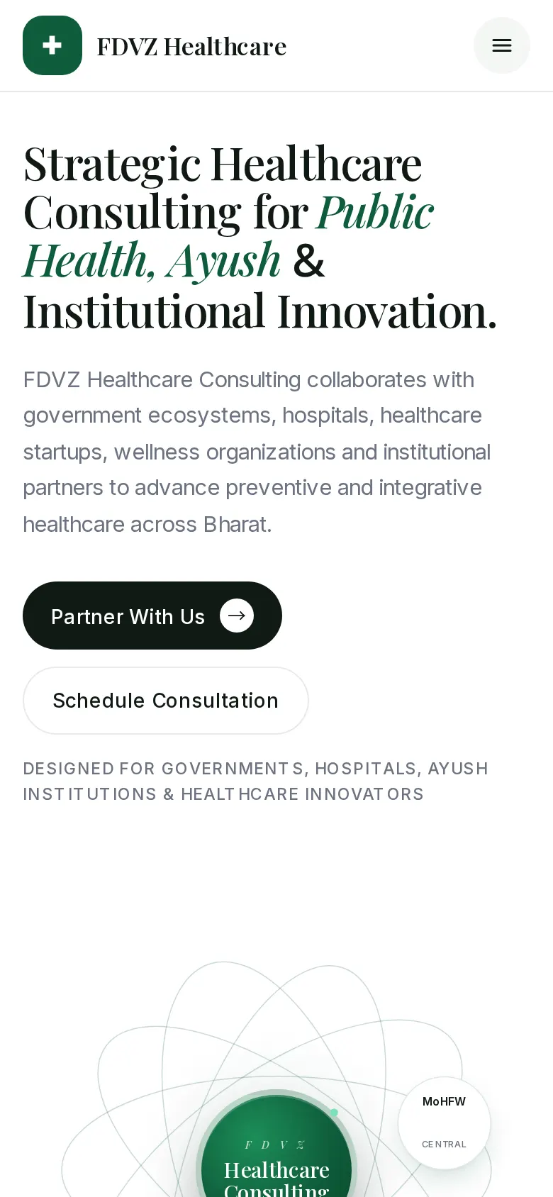 FDVZ Healthcare mobile homepage with consulting introduction and partnership actions