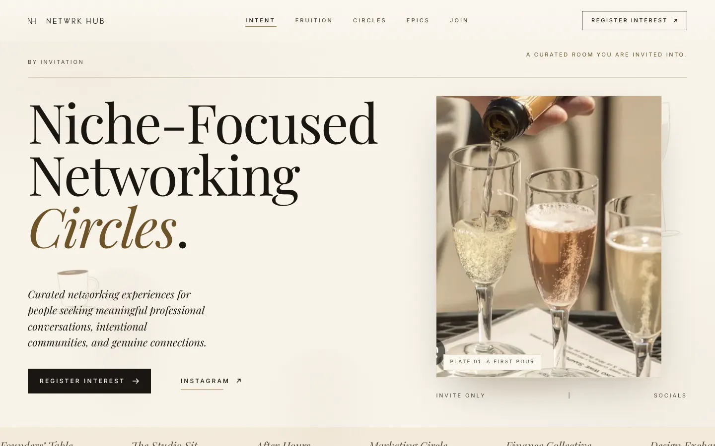 Netwrkhub homepage introducing niche-focused networking circles beside an event photograph