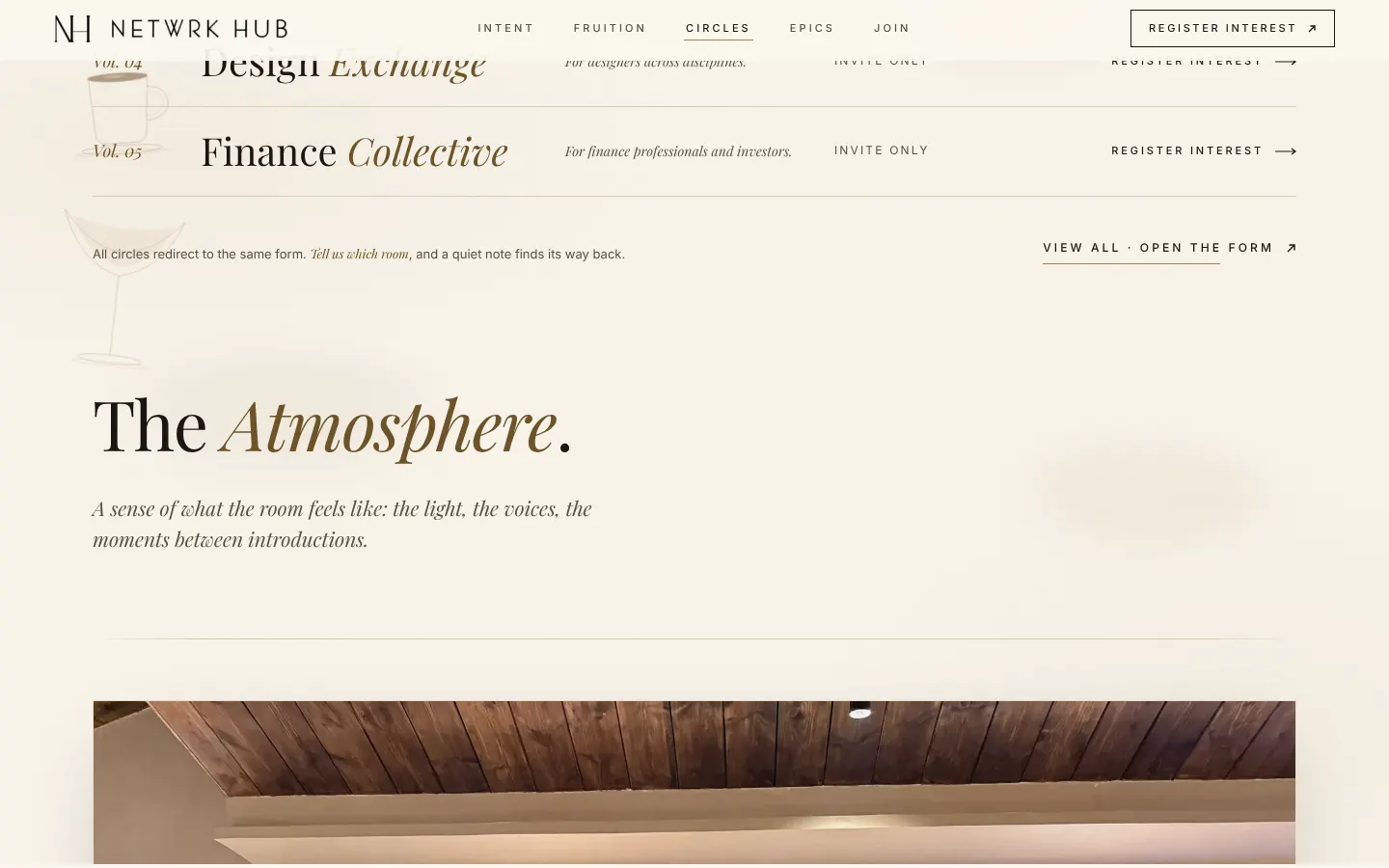 Netwrkhub atmosphere section with editorial typography and an event photograph