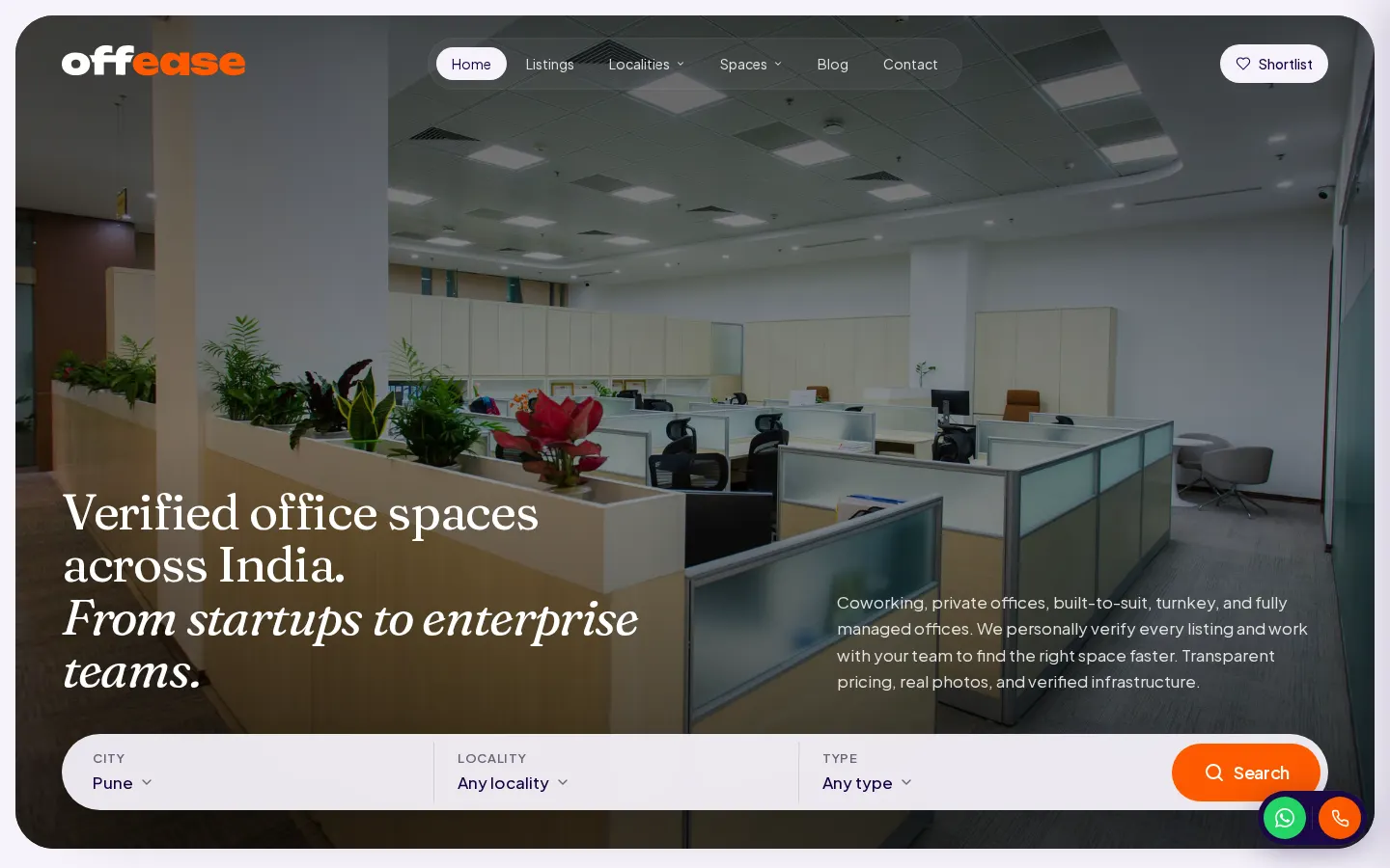 Offease homepage with an office interior, workspace search controls, and introductory copy