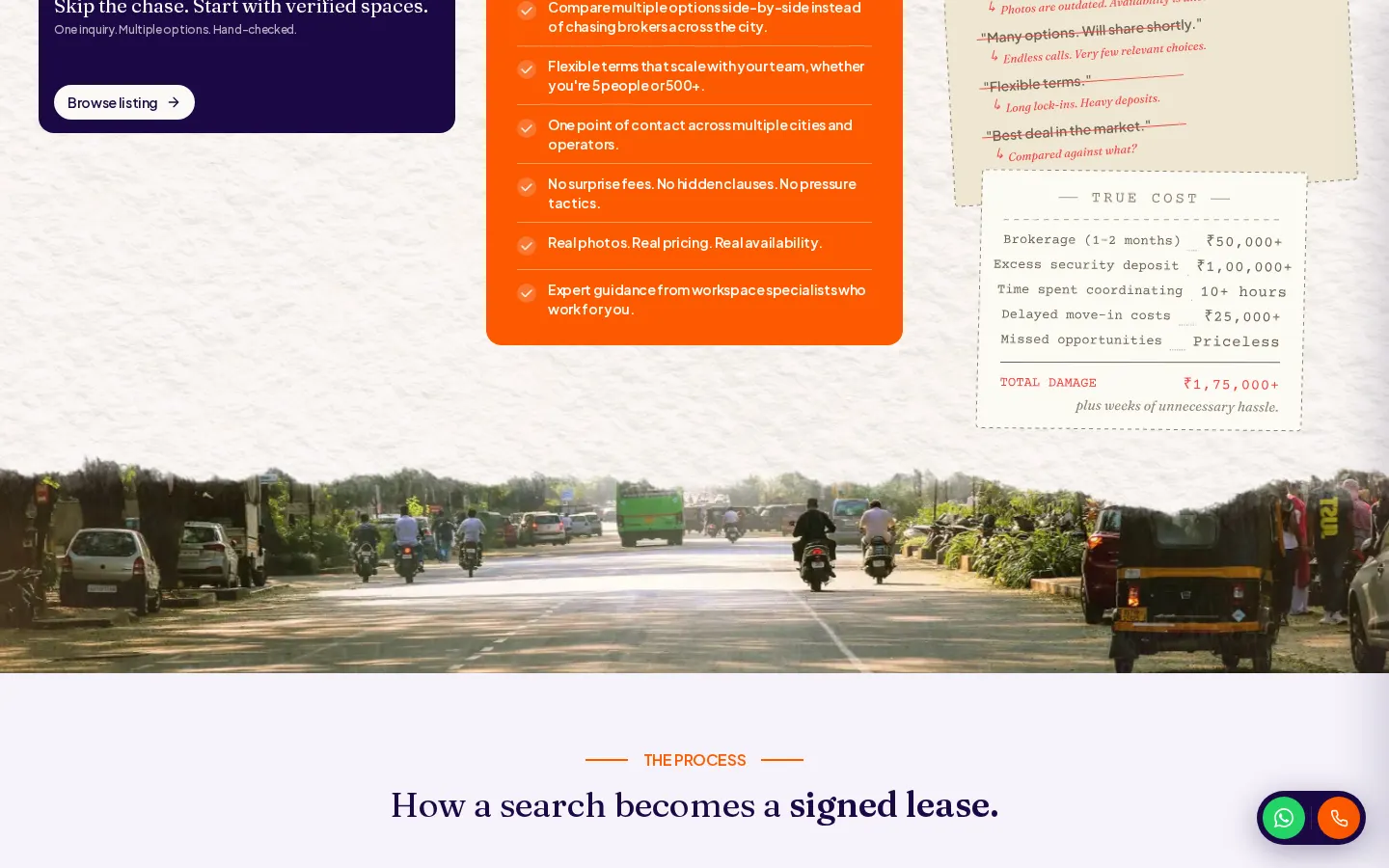 Offease homepage section comparing the verified workspace search process with traditional brokerage