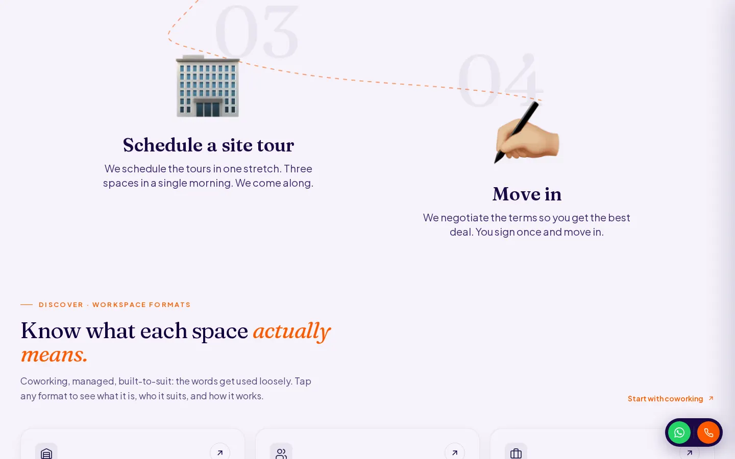 Offease homepage cards for conventional, coworking, managed, built-to-suit, and turnkey office options