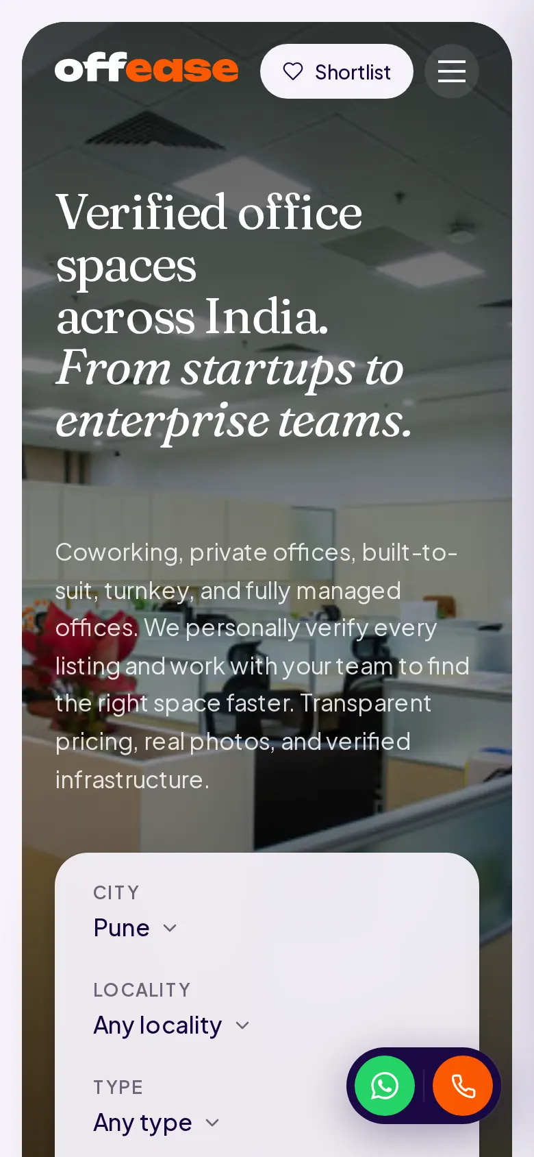 Offease mobile homepage with office search controls over an office interior