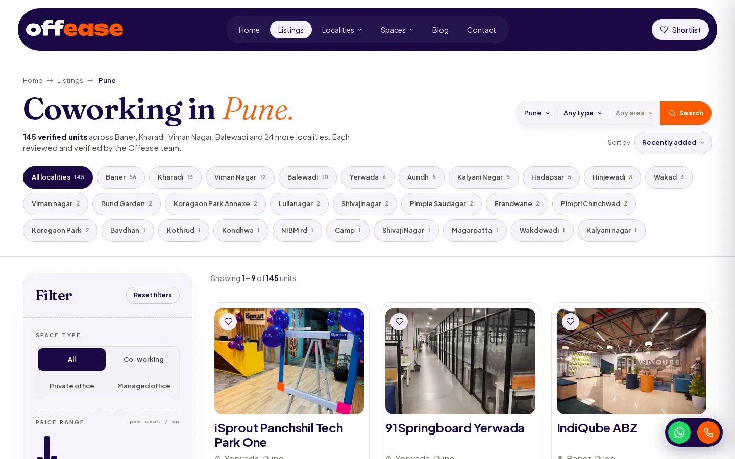 Offease Pune listings page with locality filters and verified coworking space cards